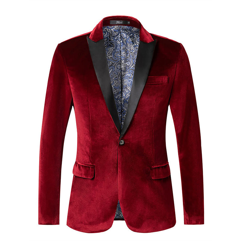 Men's Tailored Velvet Tuxedo Jacket with Satin Lapels and Single-Button Closure
