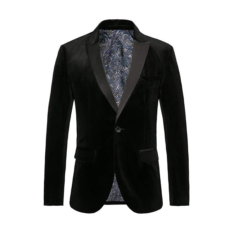 Men's Tailored Velvet Tuxedo Jacket with Satin Lapels and Single-Button Closure