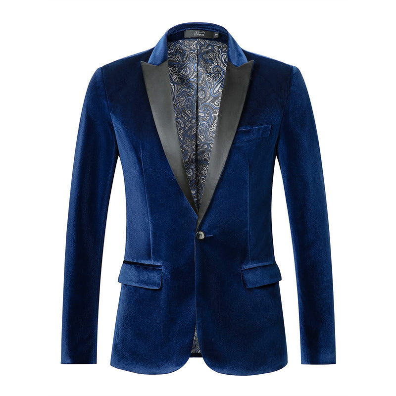 Men's Tailored Velvet Tuxedo Jacket with Satin Lapels and Single-Button Closure