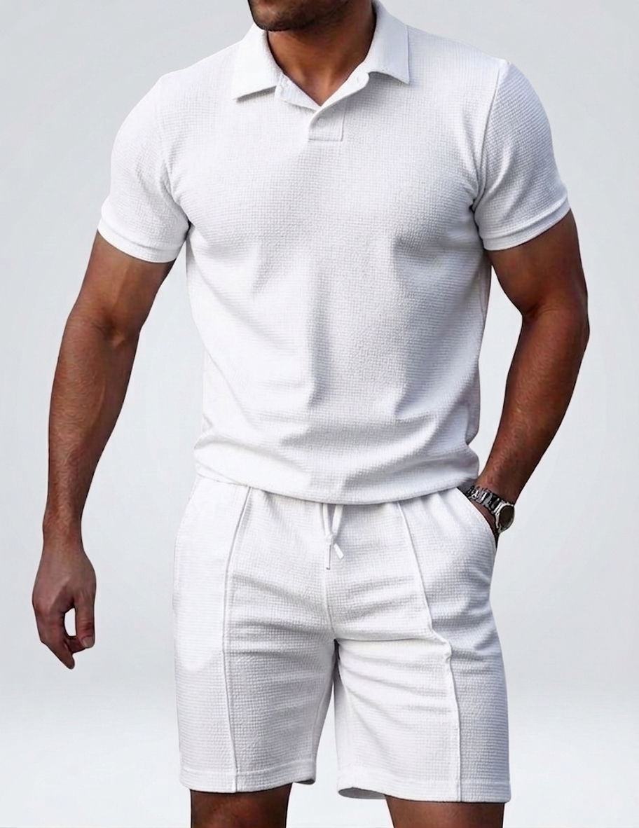 Men's Textured Knit Polo & Shorts Set