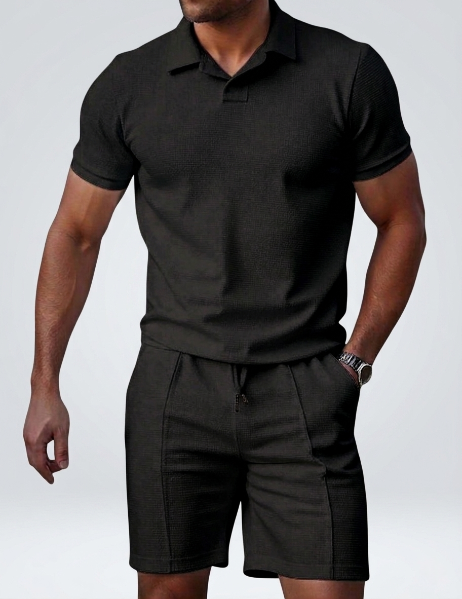 Men's Textured Knit Polo & Shorts Set