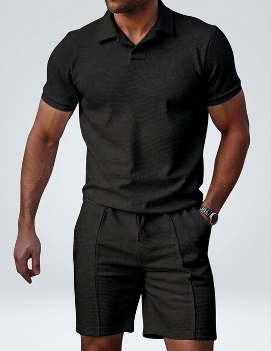 Men's Textured Knit Polo & Shorts Set