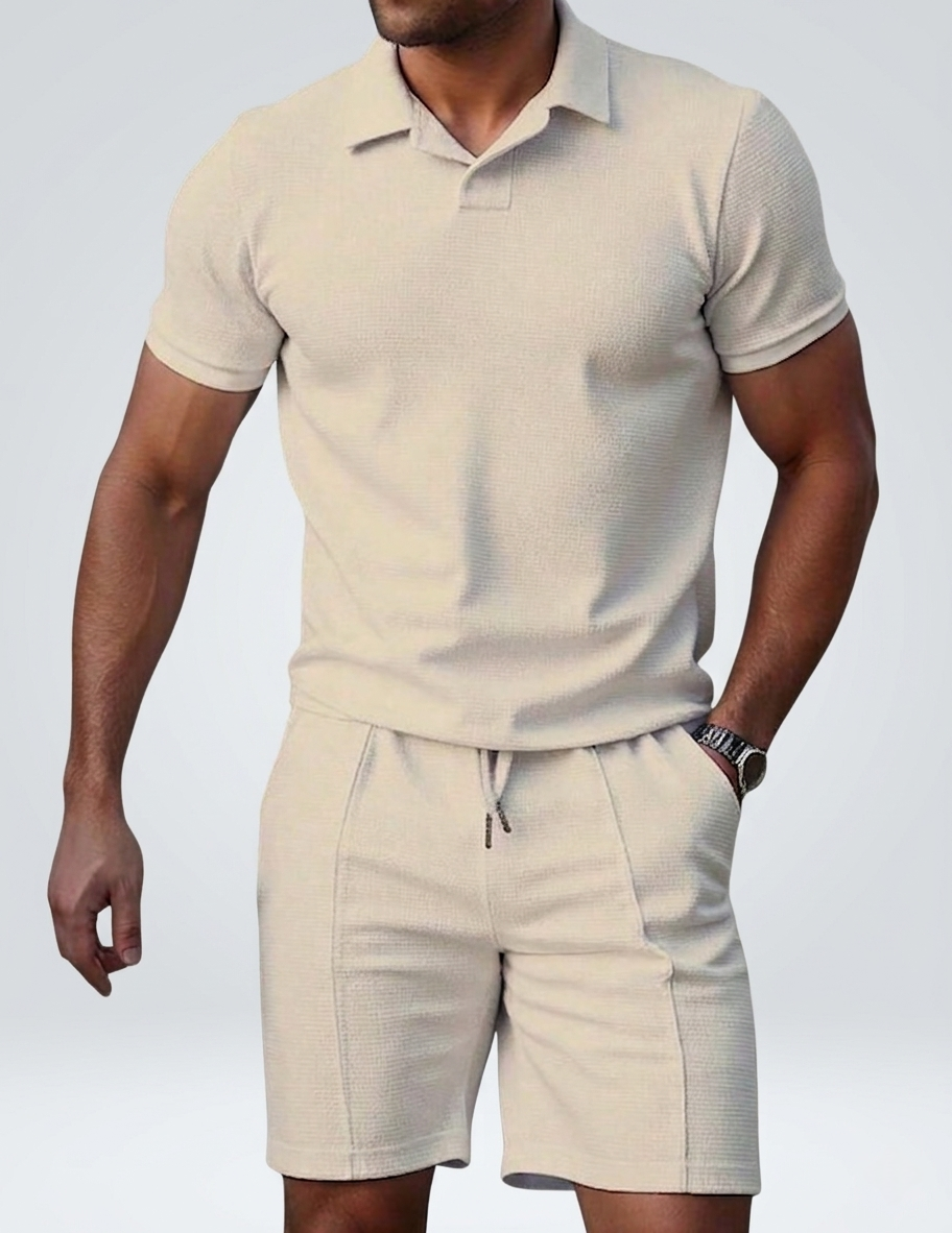Men's Textured Knit Polo & Shorts Set