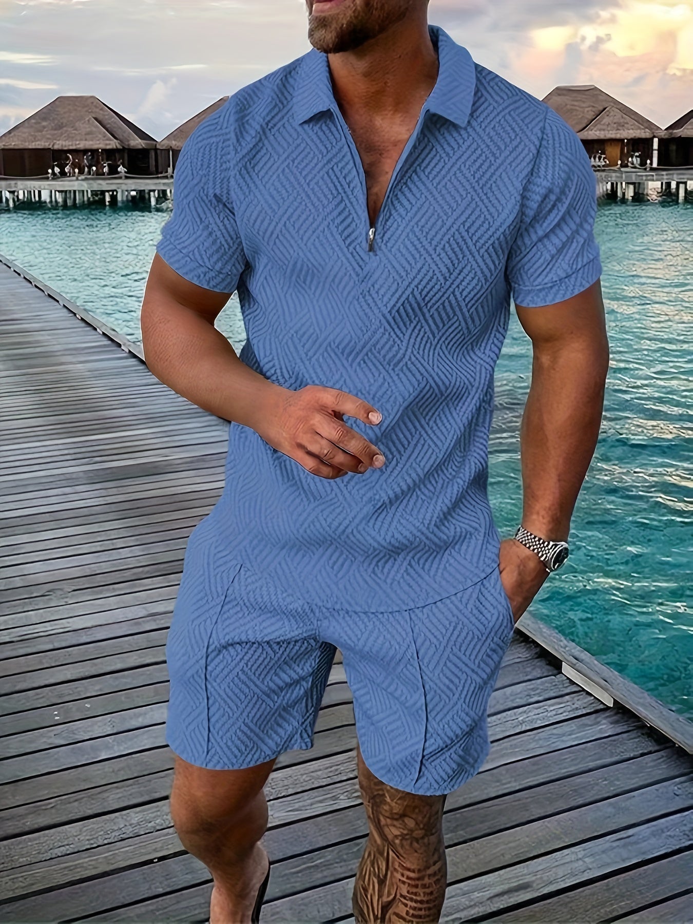 Men's Textured Quarter-Zip Polo Set
