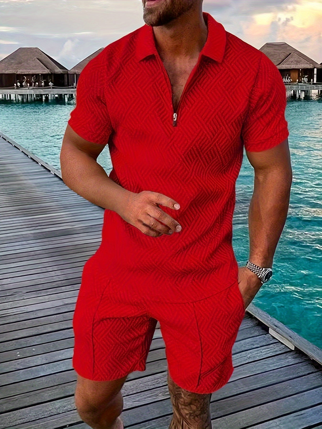Men's Textured Quarter-Zip Polo Set