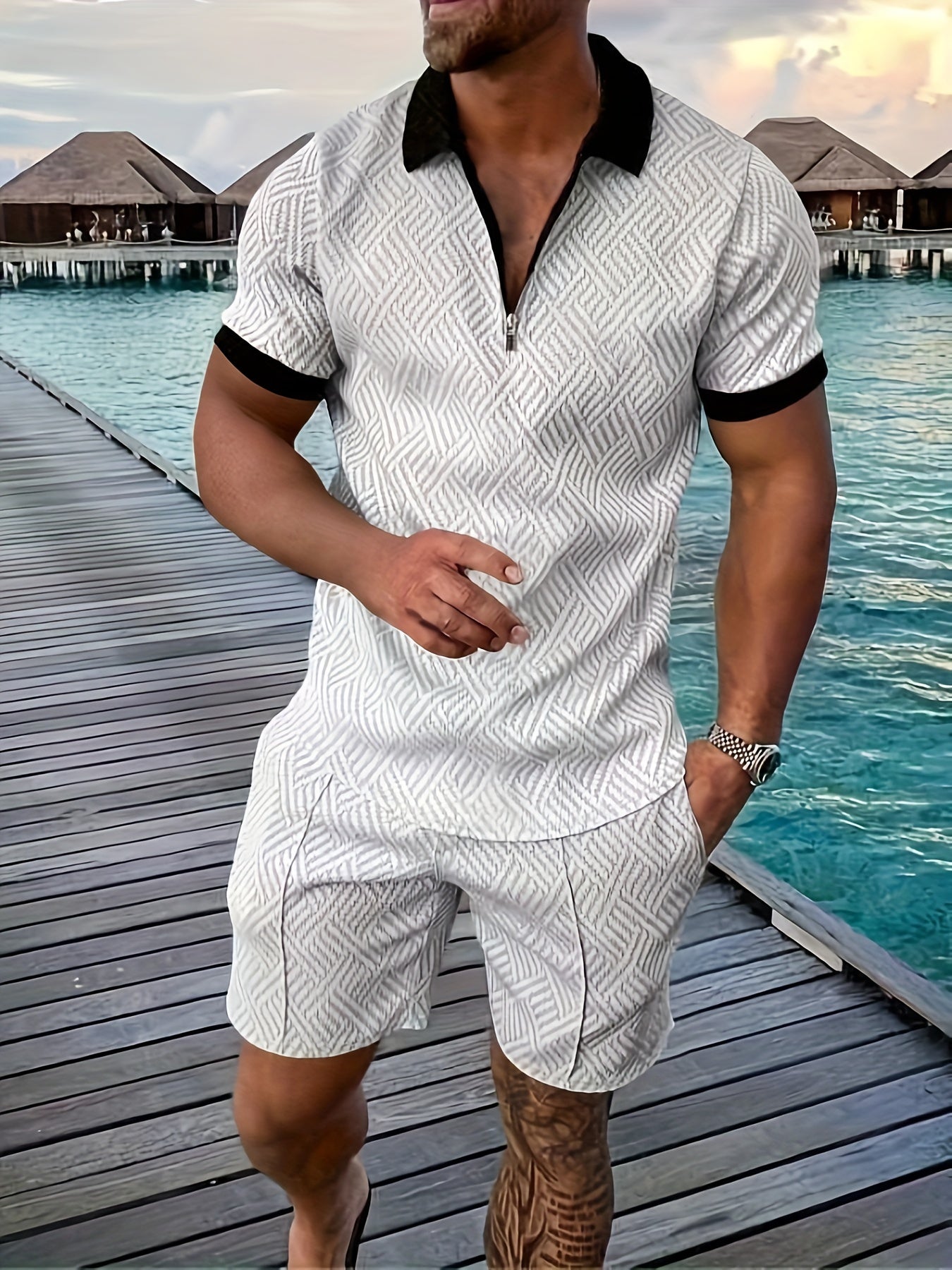 Men's Textured Quarter-Zip Polo Set