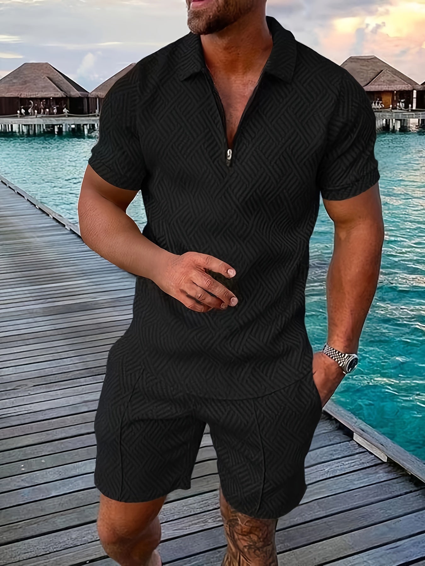 Men's Textured Quarter-Zip Polo Set