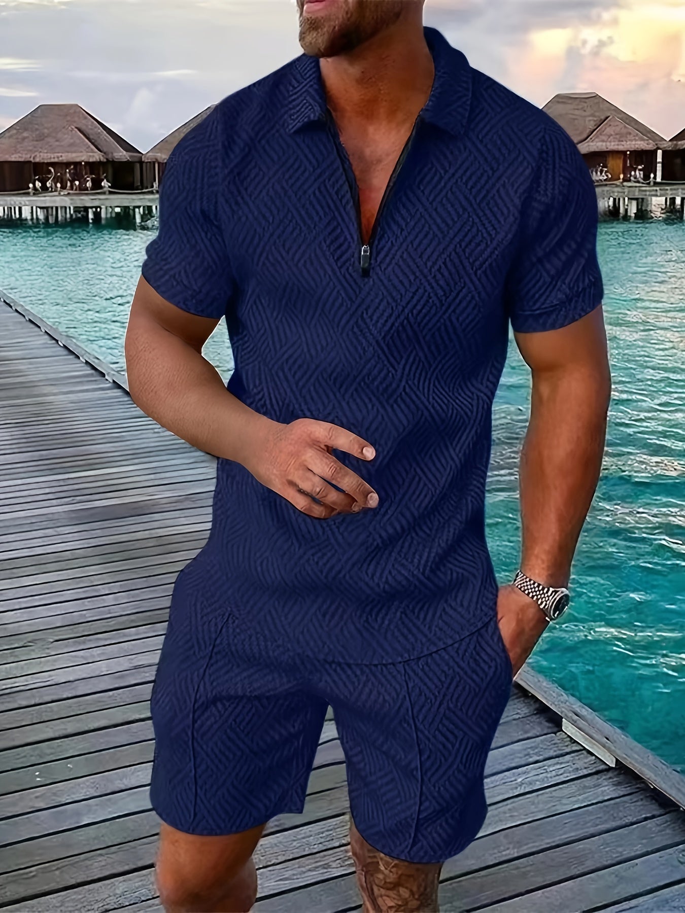 Men's Textured Quarter-Zip Polo Set