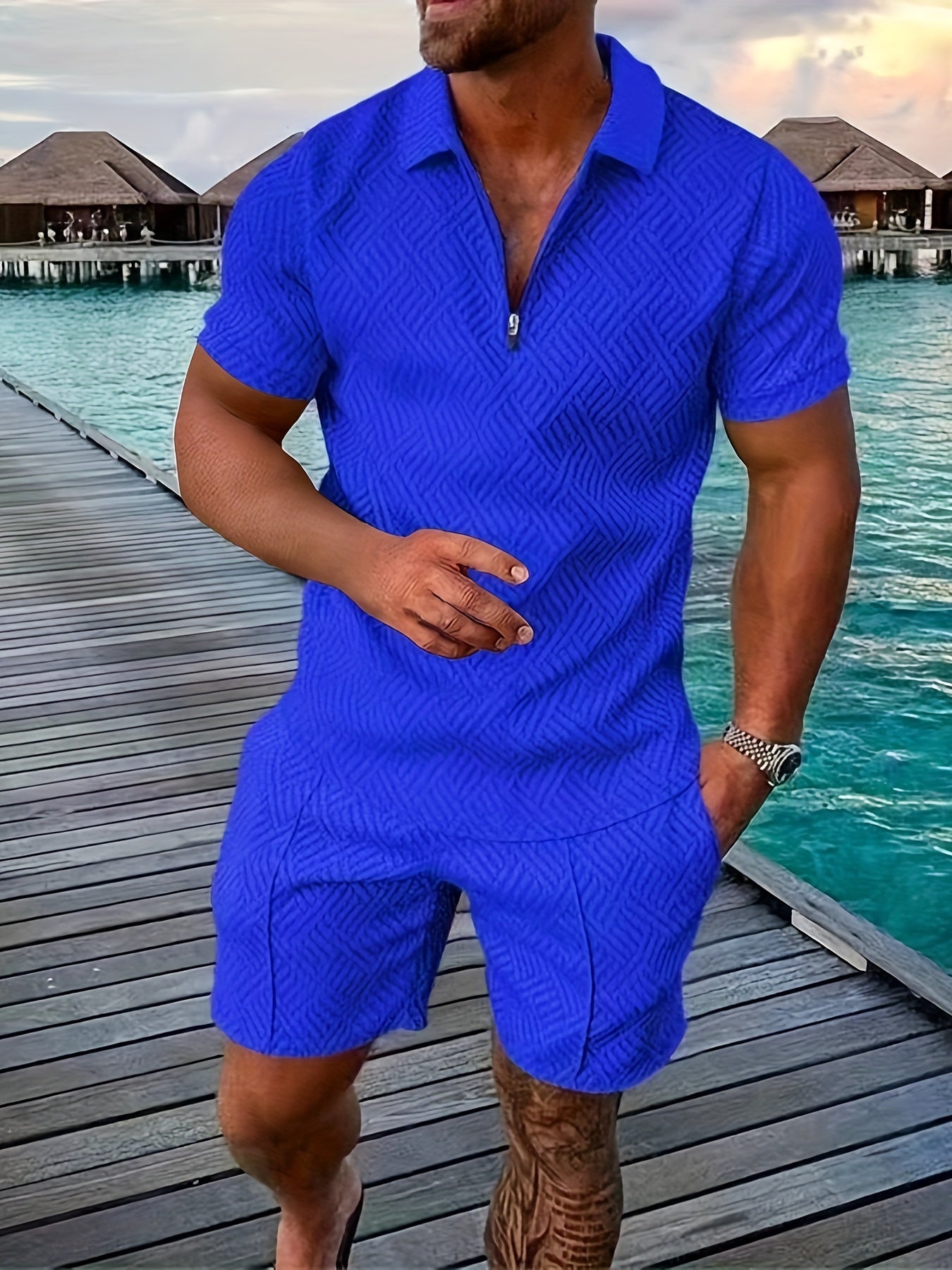 Men's Textured Quarter-Zip Polo Set