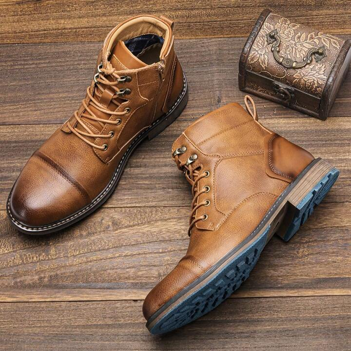 Men's Vintage Ankle Boots with Classic Lace-Up Front & Side Zipper