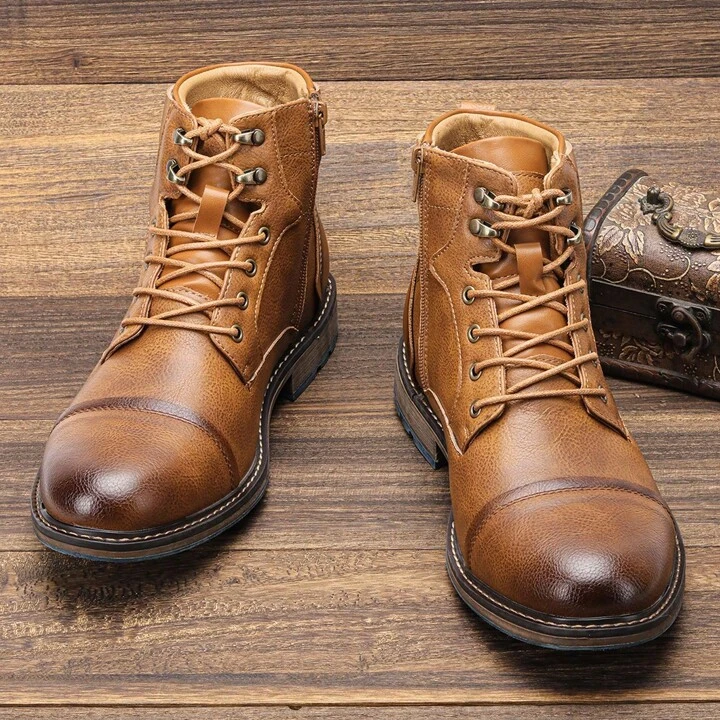 Men's Vintage Ankle Boots with Classic Lace-Up Front & Side Zipper