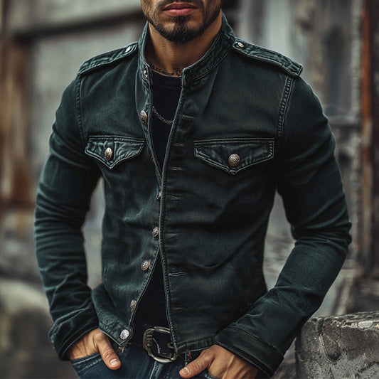 Men's Vintage Stand Collar Distressed Denim Jacket