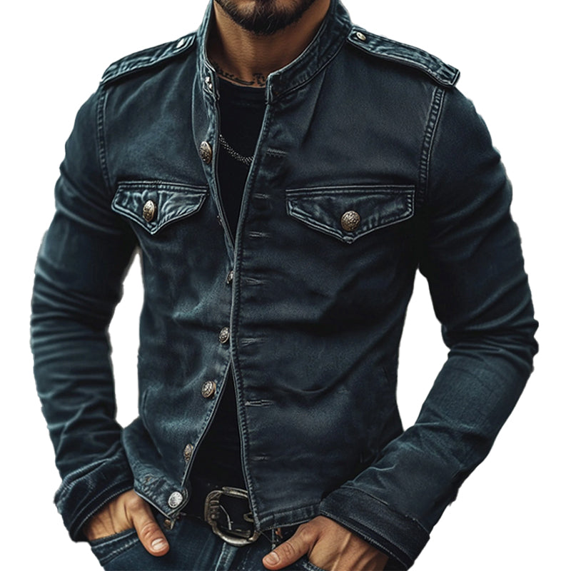 Men's Vintage Stand Collar Distressed Denim Jacket