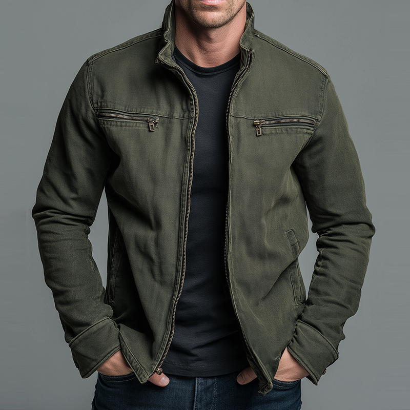 Men's Vintage Zip-Up Jacket with Stand Collar