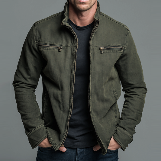 Men's Vintage Zip-Up Jacket with Stand Collar