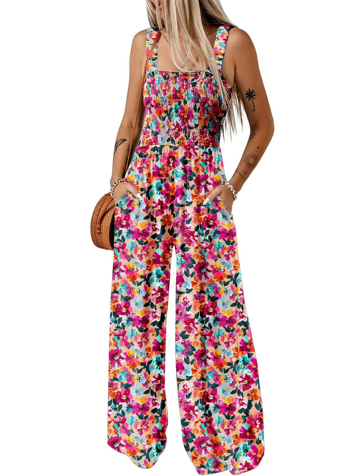 Image of Michaela | Women's Floral Smocked Wide Leg Jumpsuit
