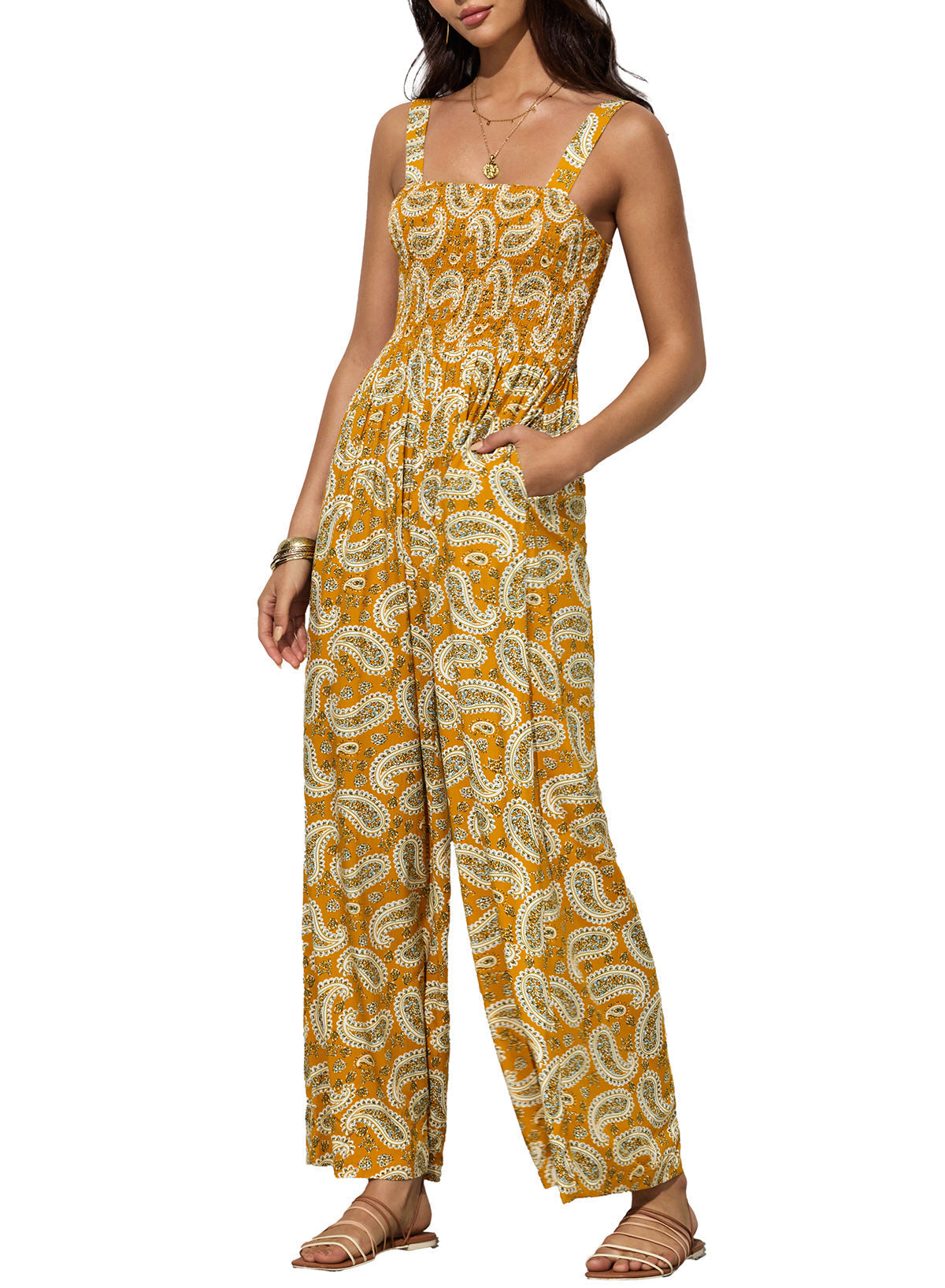 Image of Michaela | Women's Floral Smocked Wide Leg Jumpsuit
