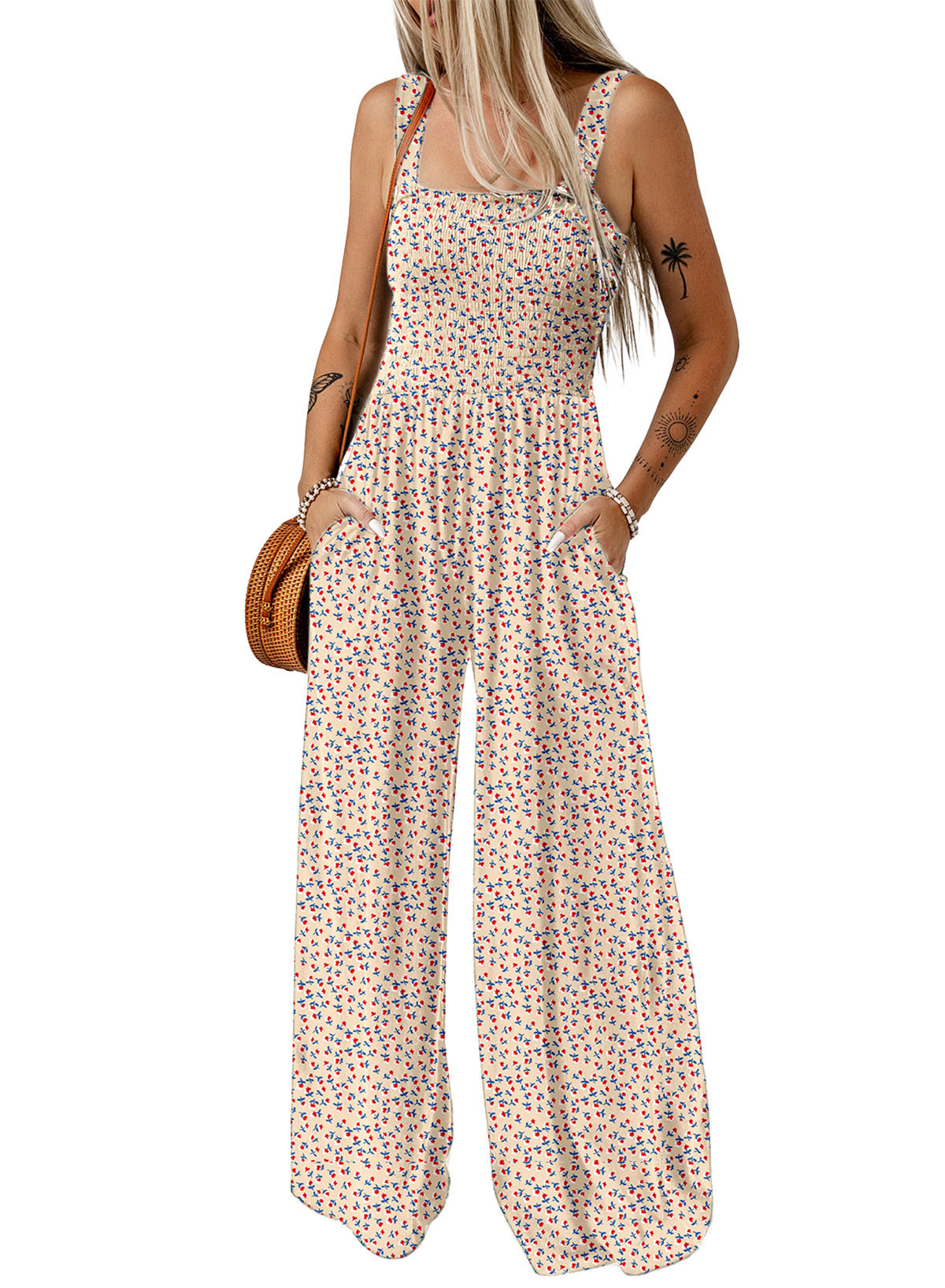 Image of Michaela | Women's Floral Smocked Wide Leg Jumpsuit