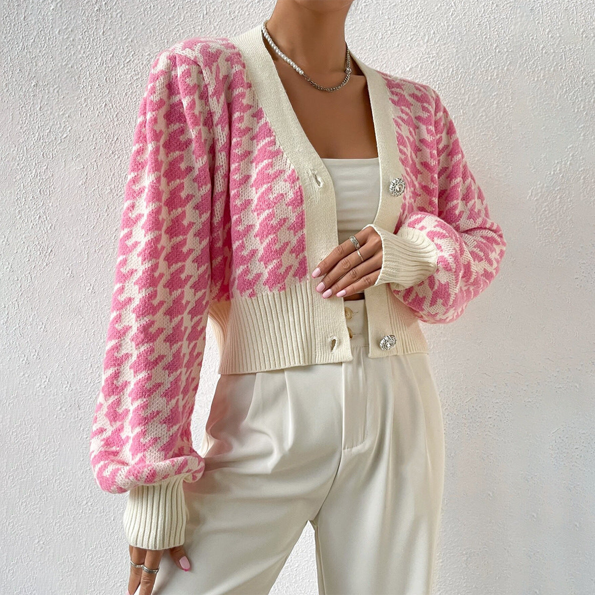 Image of Michelle | Women's Cropped Houndstooth Cardigan