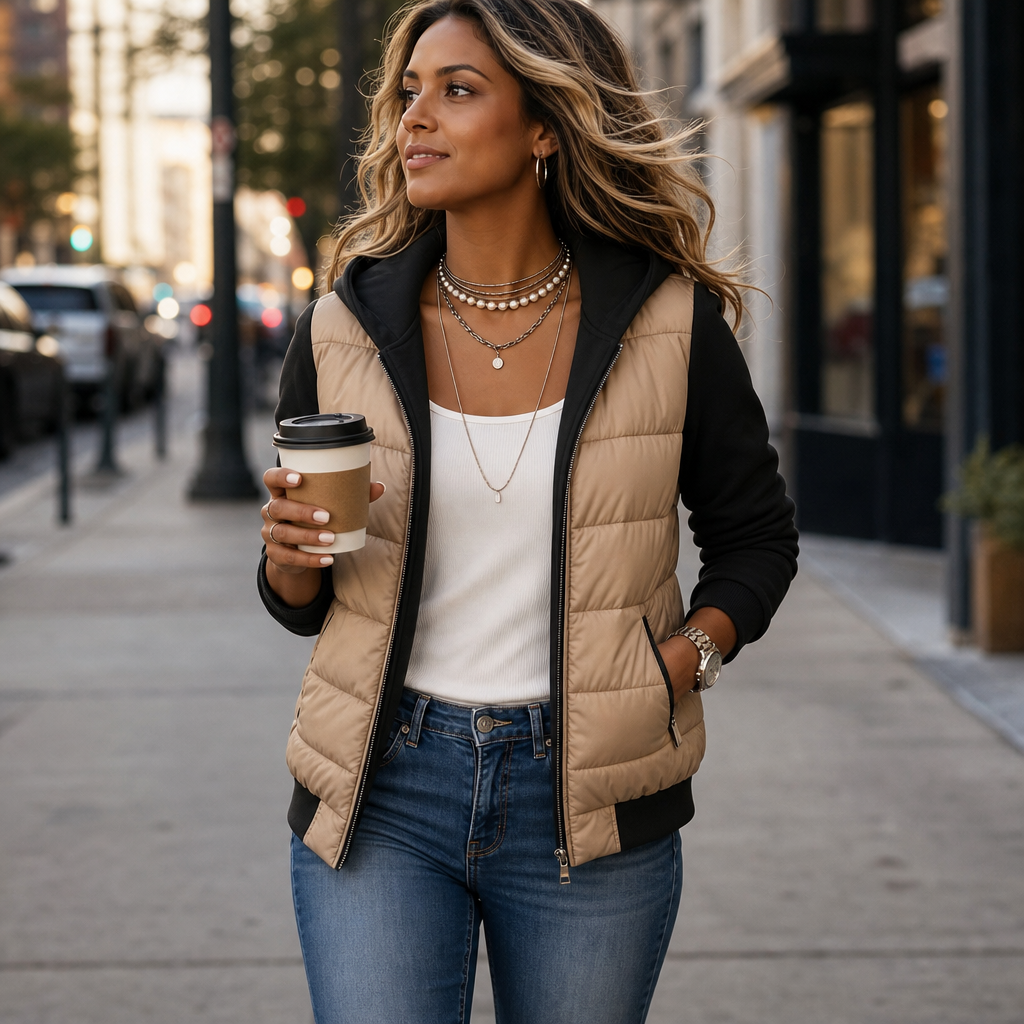 Mixed-Media Quilted Puffer Knit-Sleeve Jacket