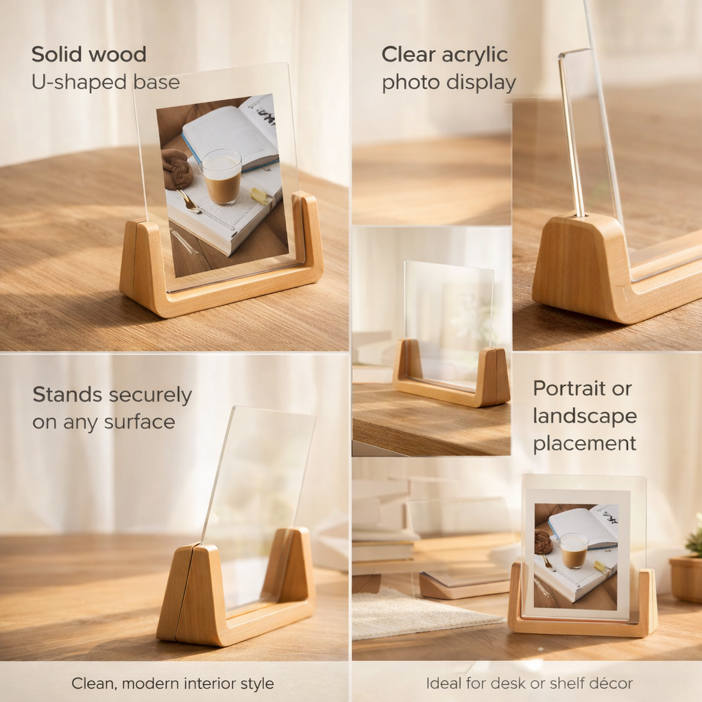 Modern U-Shaped Solid Wood and Acrylic Tabletop Picture Frame