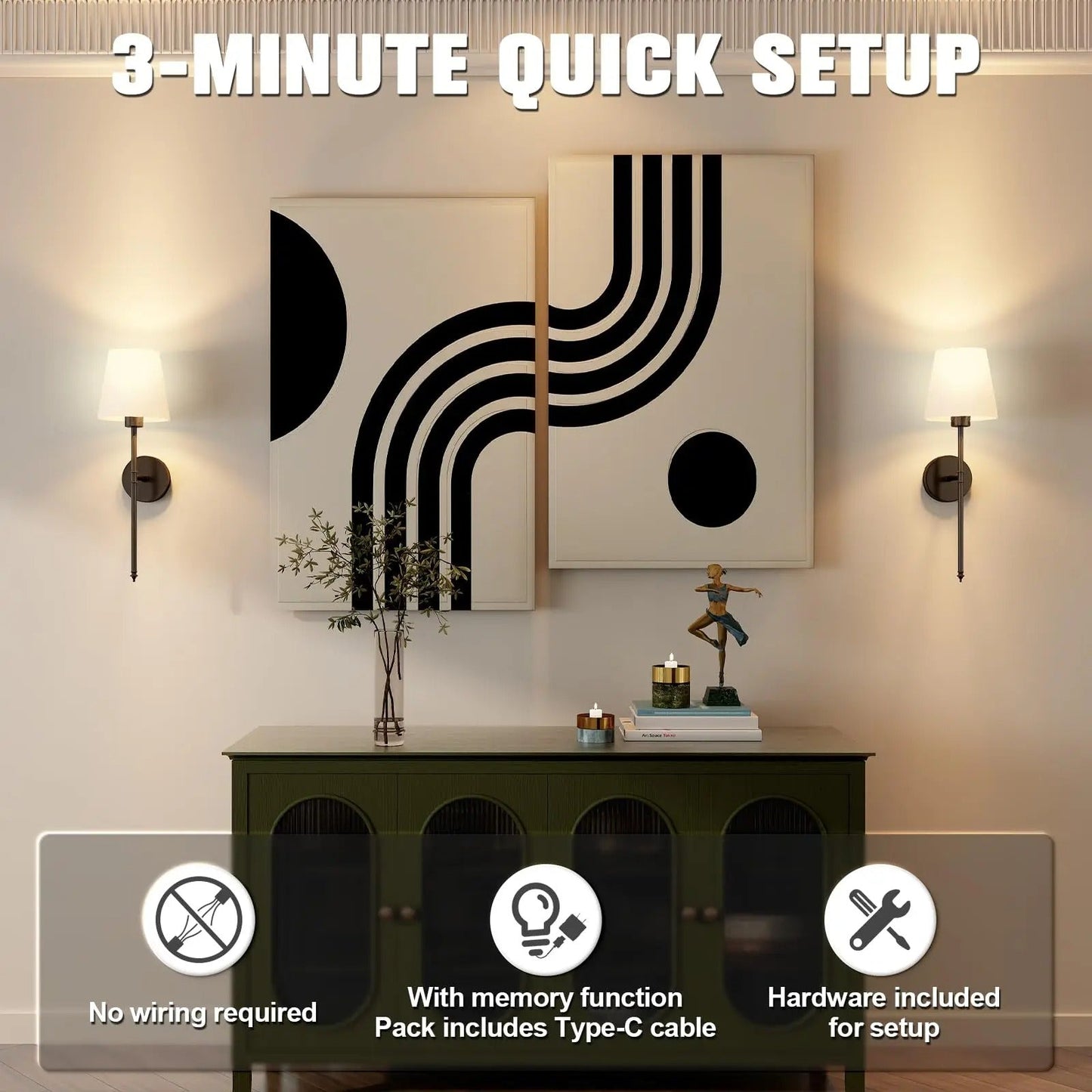 Modern Wireless Battery Operated Wall Sconce Lights - Set of 2
