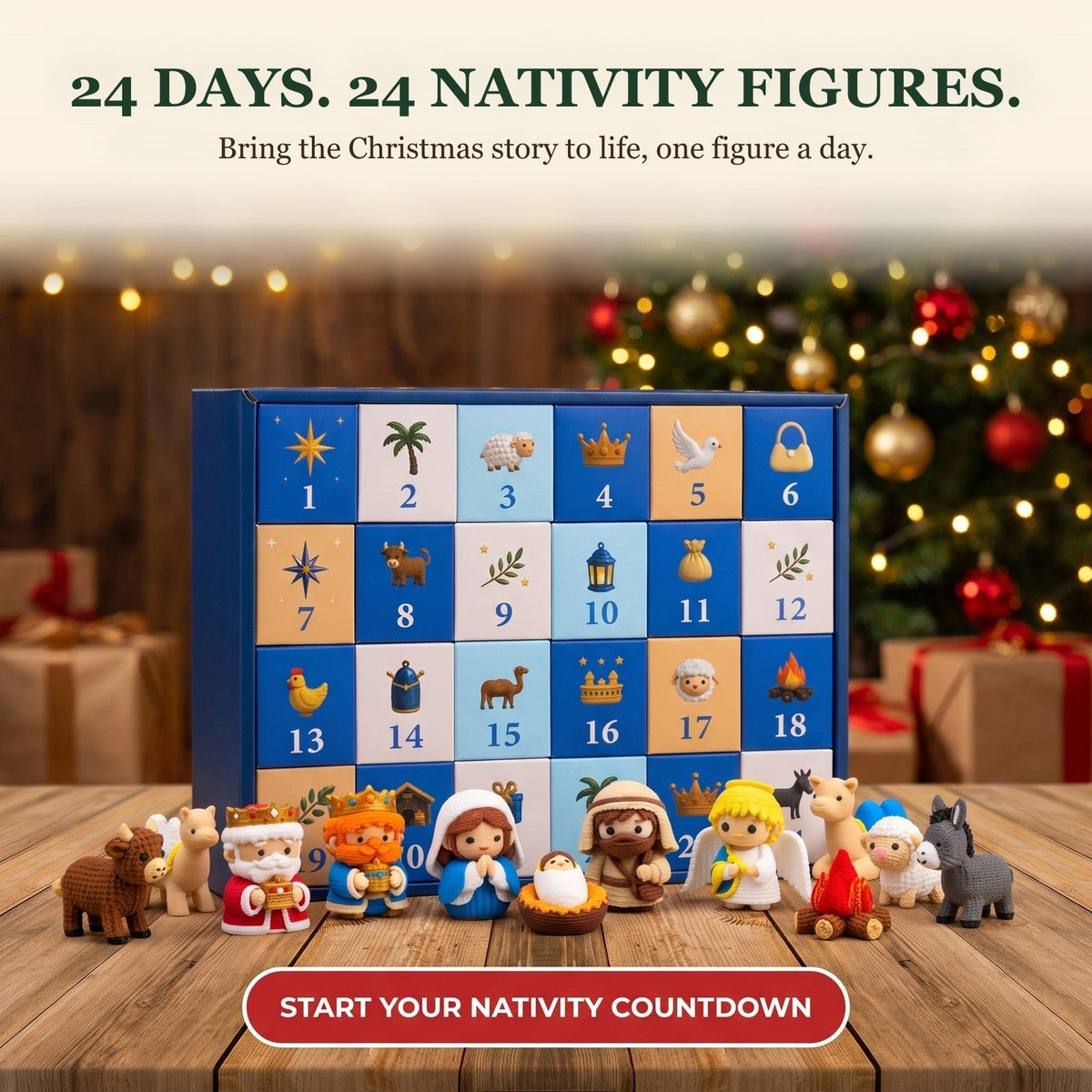 Nativity Scene Advent Calendar, 24 3D Printed Figures Behind Numbered Doors