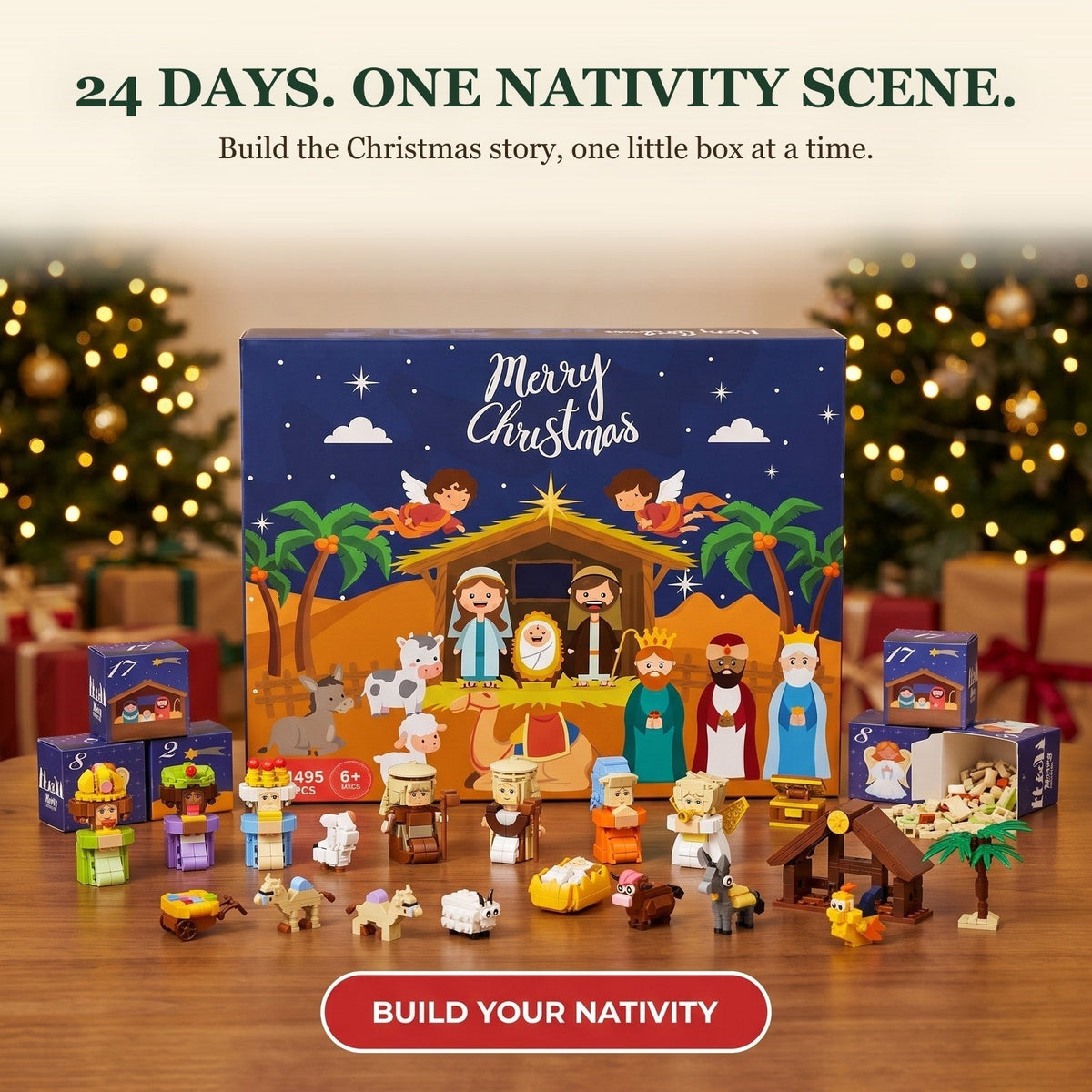 Nativity Scene Brick Advent Calendar, 1495 Pieces in 24 Numbered Boxes