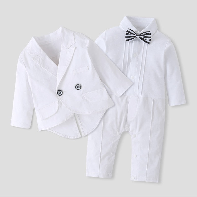 Newborn Baby Boys White Tuxedo Romper & Blazer Set