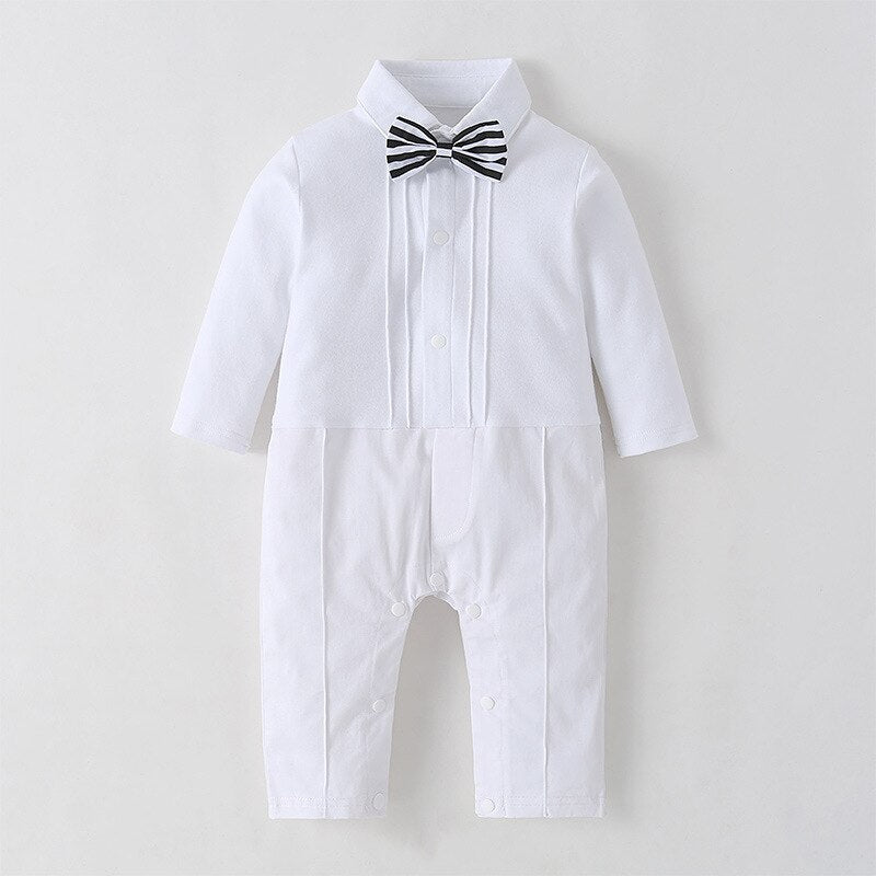 Newborn Baby Boys White Tuxedo Romper & Blazer Set