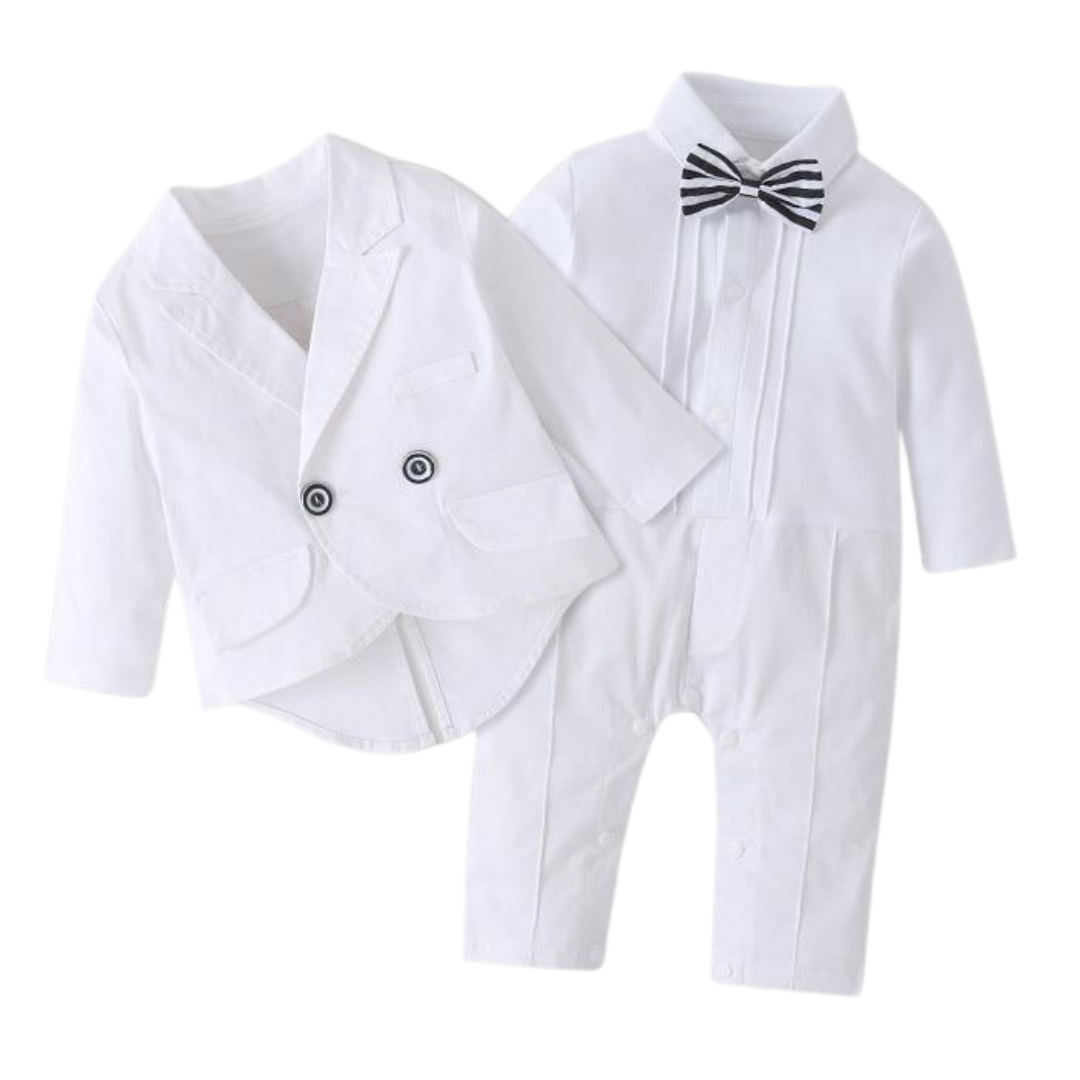 Newborn Baby Boys White Tuxedo Romper & Blazer Set