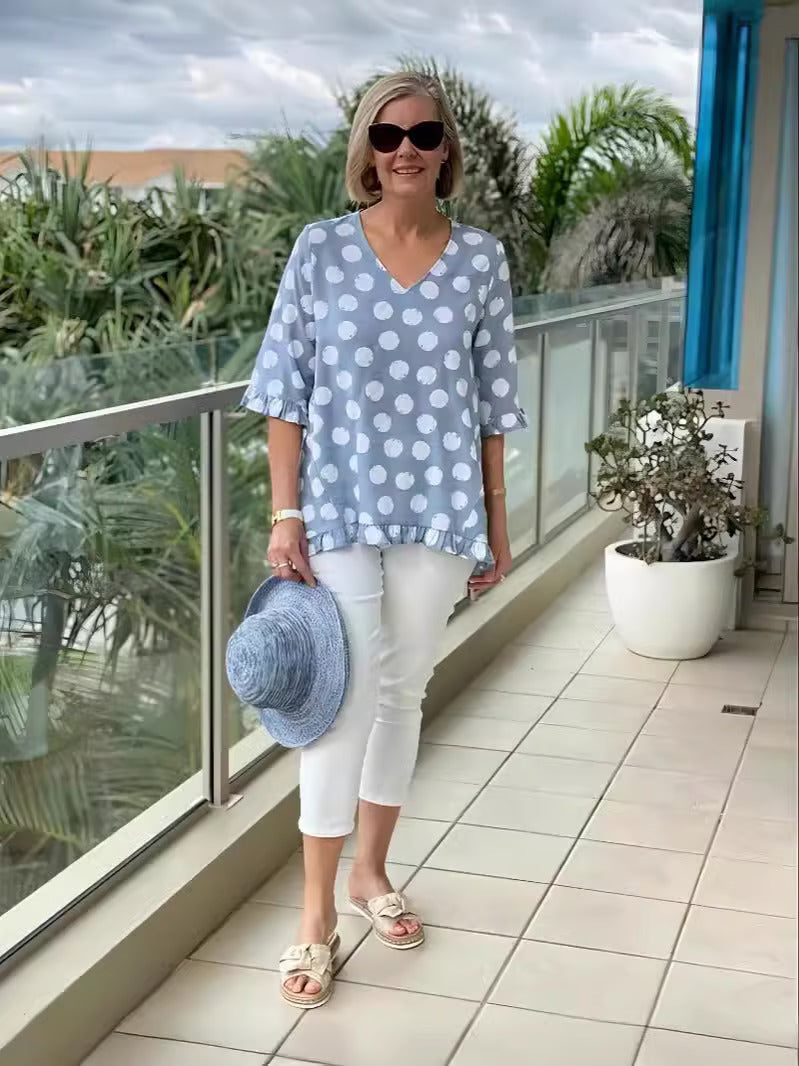 Image of Nicolette | Women's V-Neck Polka Dot Relaxed Fit Top
