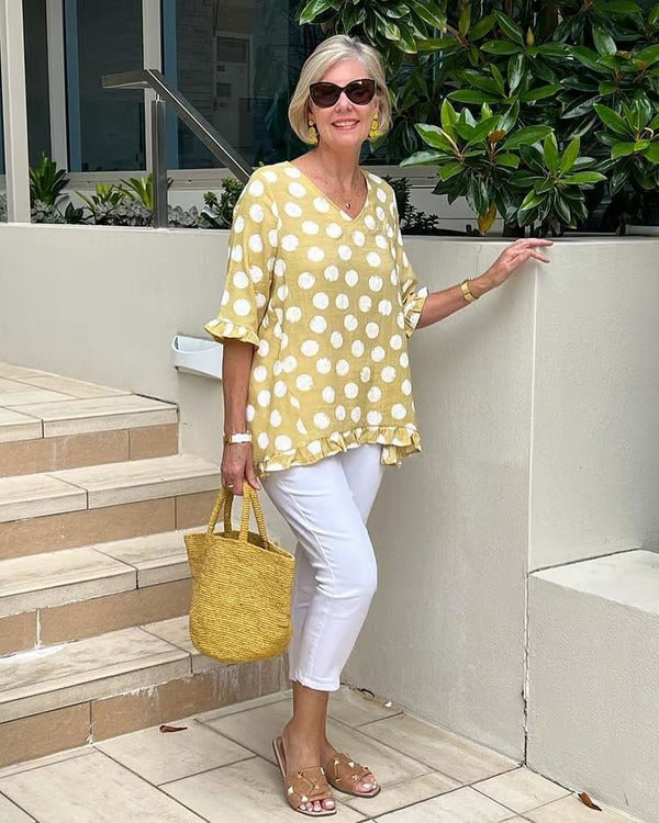Image of Nicolette | Women's V-Neck Polka Dot Relaxed Fit Top