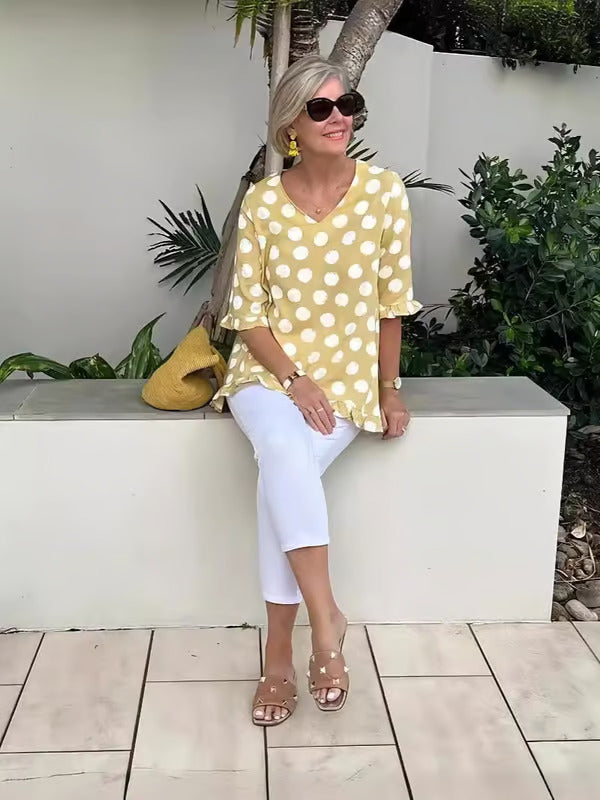 Image of Nicolette | Women's V-Neck Polka Dot Relaxed Fit Top