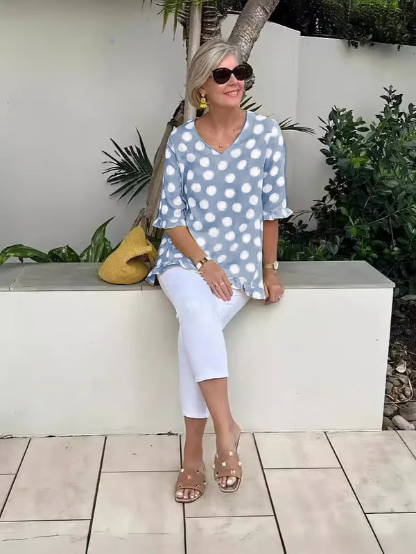 Image of Nicolette | Women's V-Neck Polka Dot Relaxed Fit Top