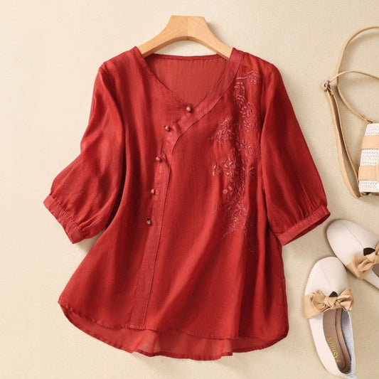 Image of Norma | Women's Embroidered V-Neck Blouse