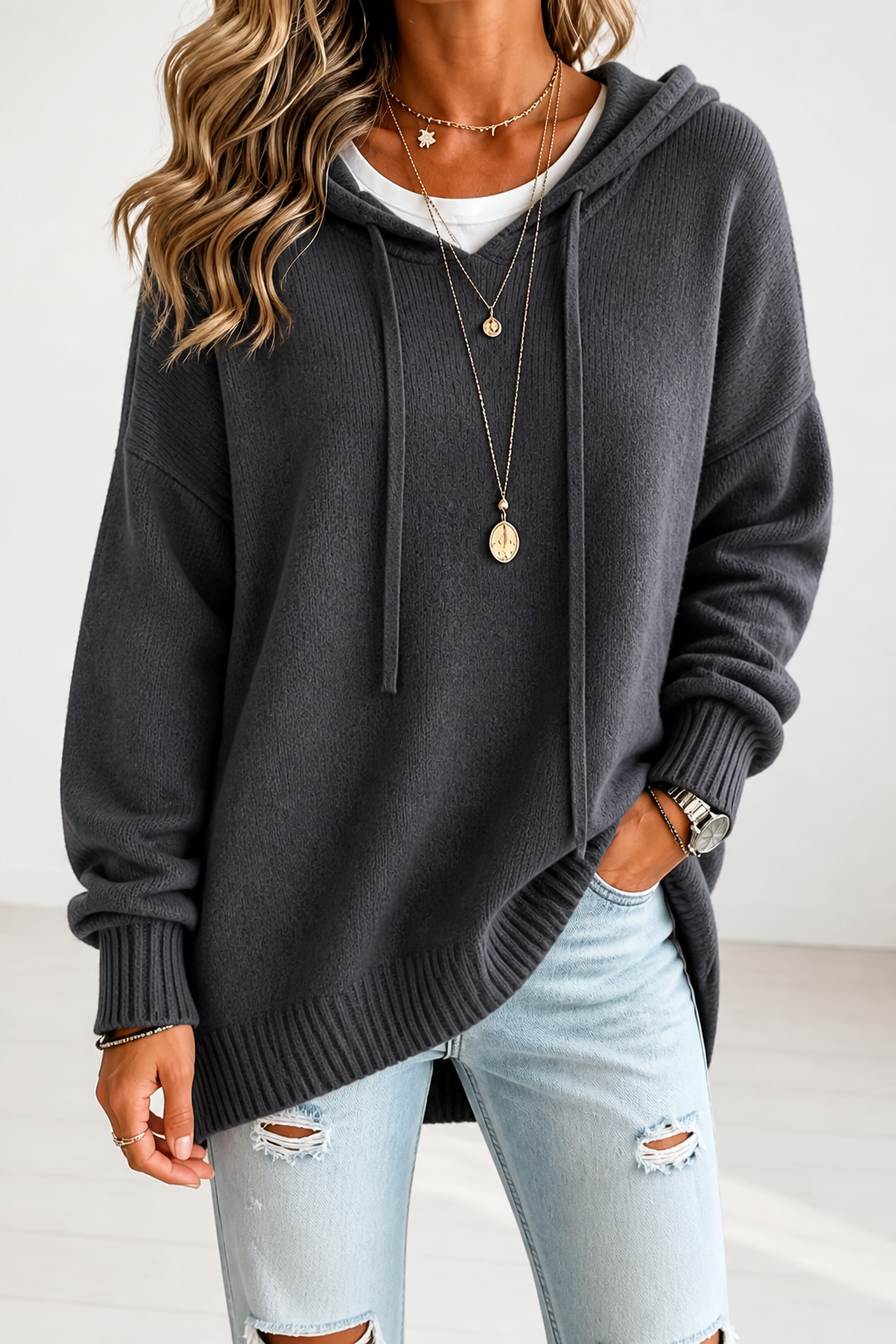 Oversized Drawstring Hooded Knit Sweater