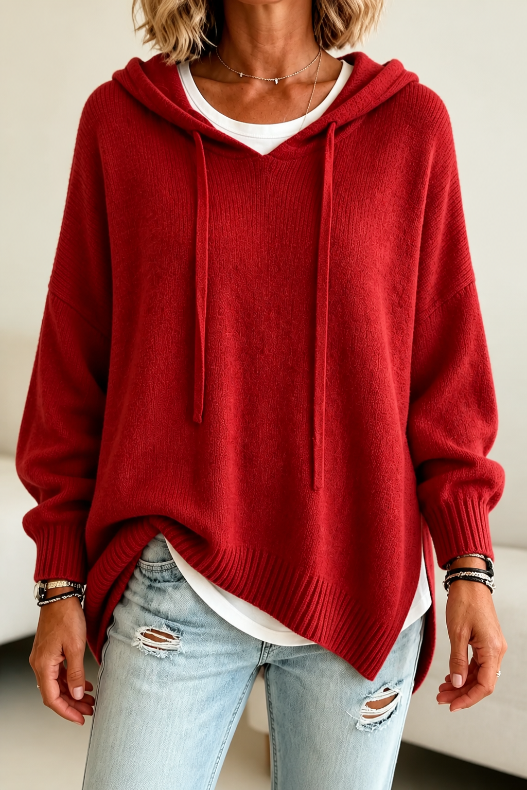 Oversized Drawstring Hooded Knit Sweater