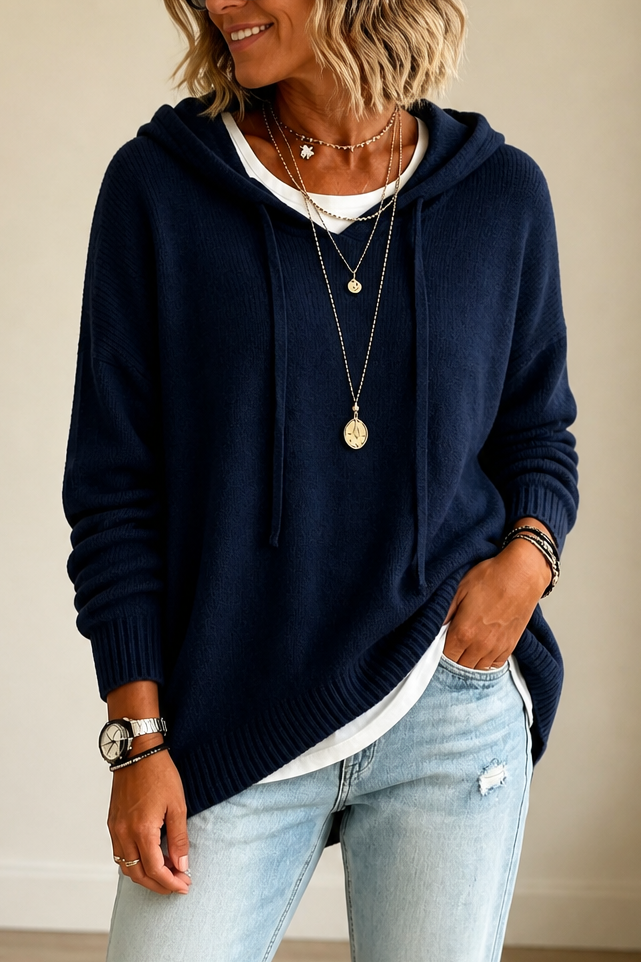 Oversized Drawstring Hooded Knit Sweater