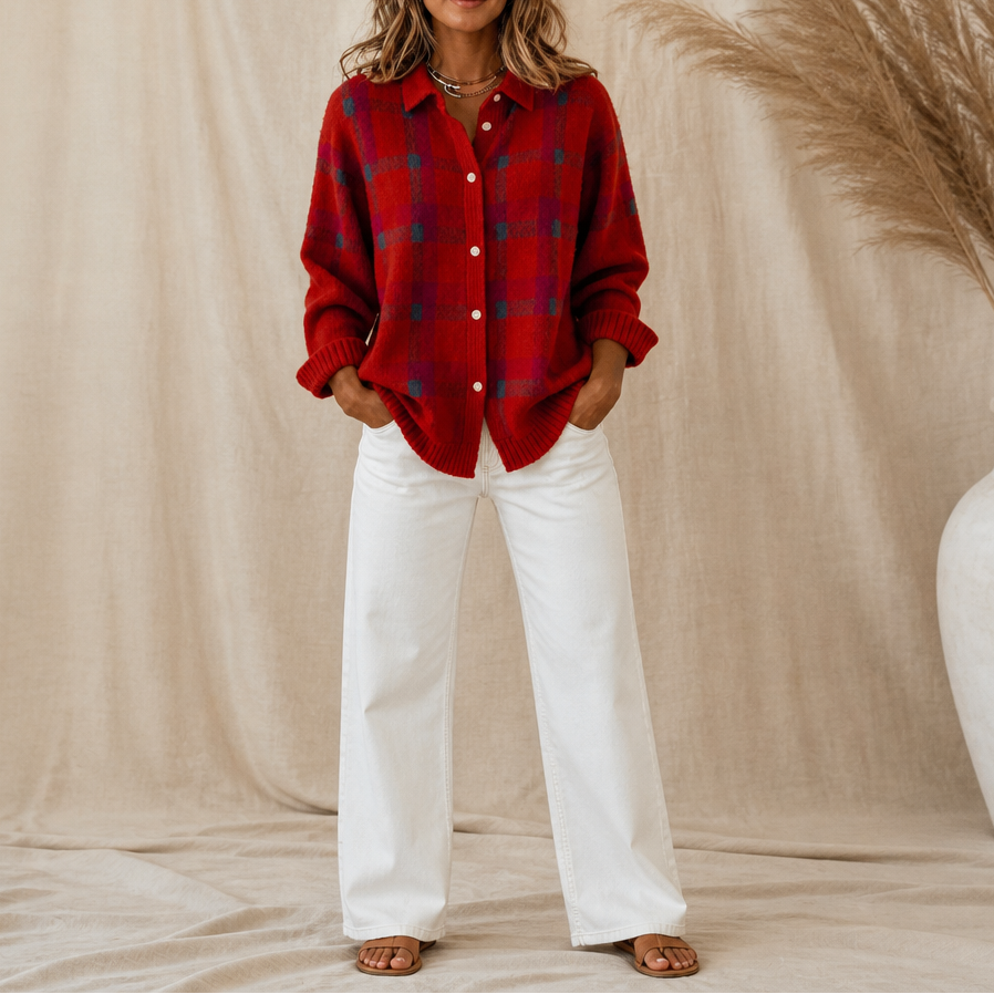 Plaid Knit Shirt-Collar Cardigan