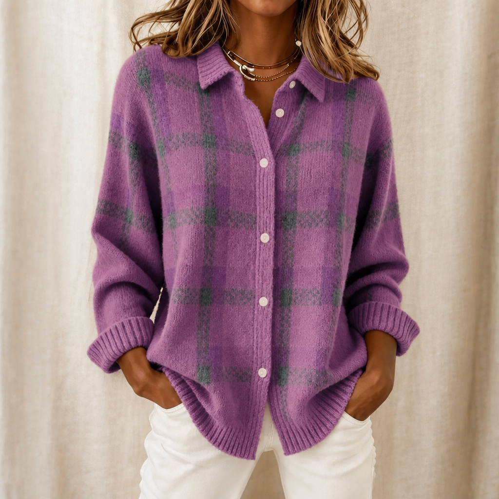 Plaid Knit Shirt-Collar Cardigan