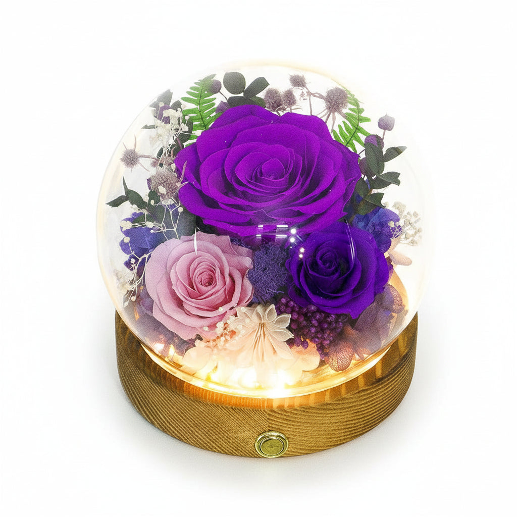 Preserved Rose Glass Dome with Integrated LED Lights