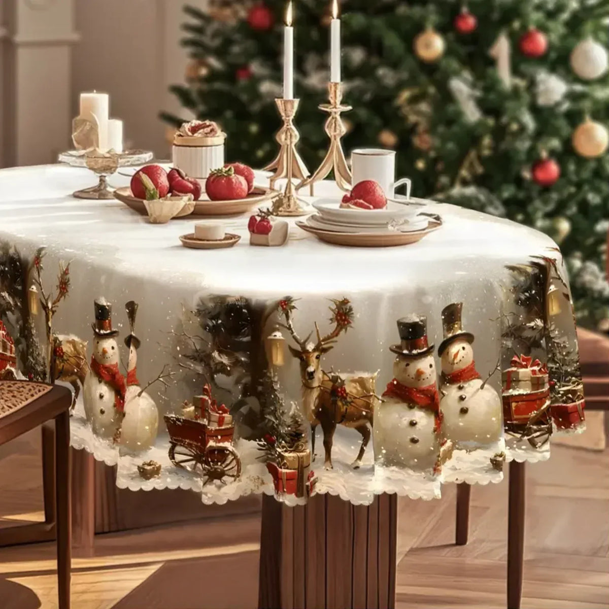Rectangular Christmas Tablecloth with Snowman and Reindeer Print and Scalloped Lace Hem
