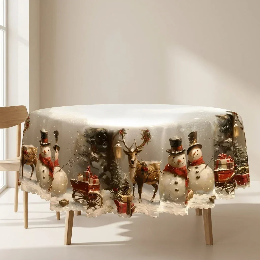 Rectangular Christmas Tablecloth with Snowman and Reindeer Print and Scalloped Lace Hem