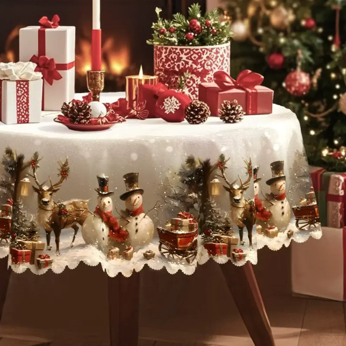 Rectangular Christmas Tablecloth with Snowman and Reindeer Print and Scalloped Lace Hem