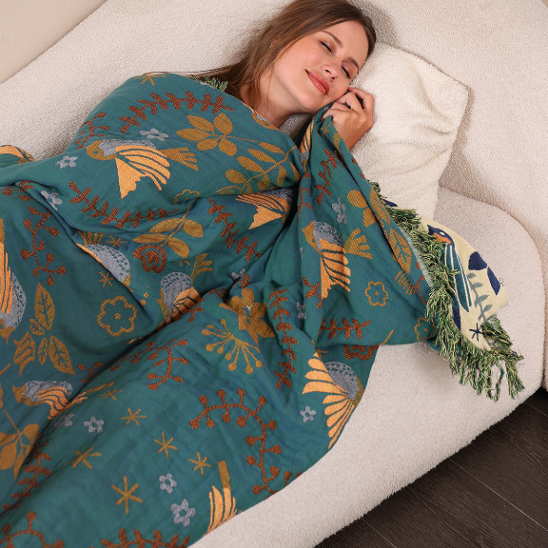 Reversible Scandinavian Bird Blanket in 100% Cotton