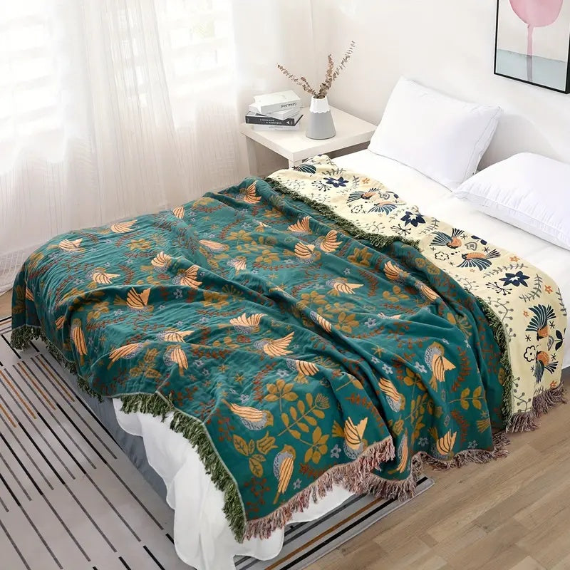 Reversible Scandinavian Bird Blanket in 100% Cotton
