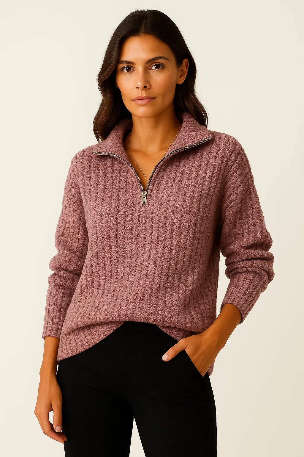 Ribbed Half-Zip High-Neck Sweater