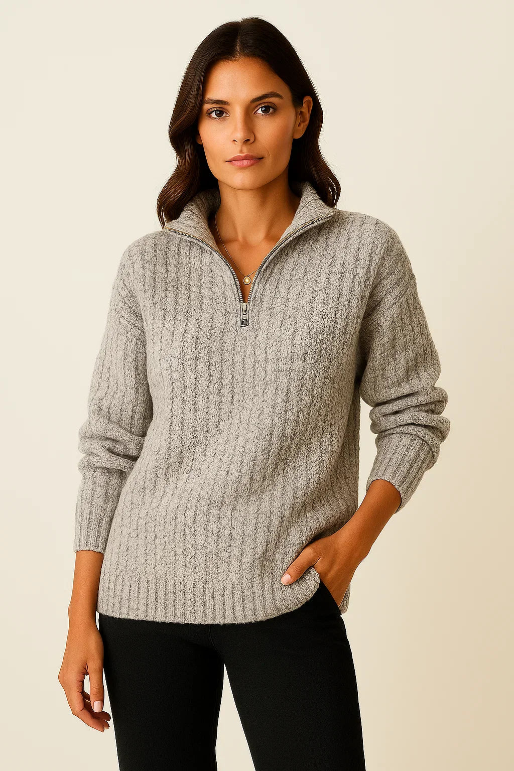 Ribbed Half-Zip High-Neck Sweater