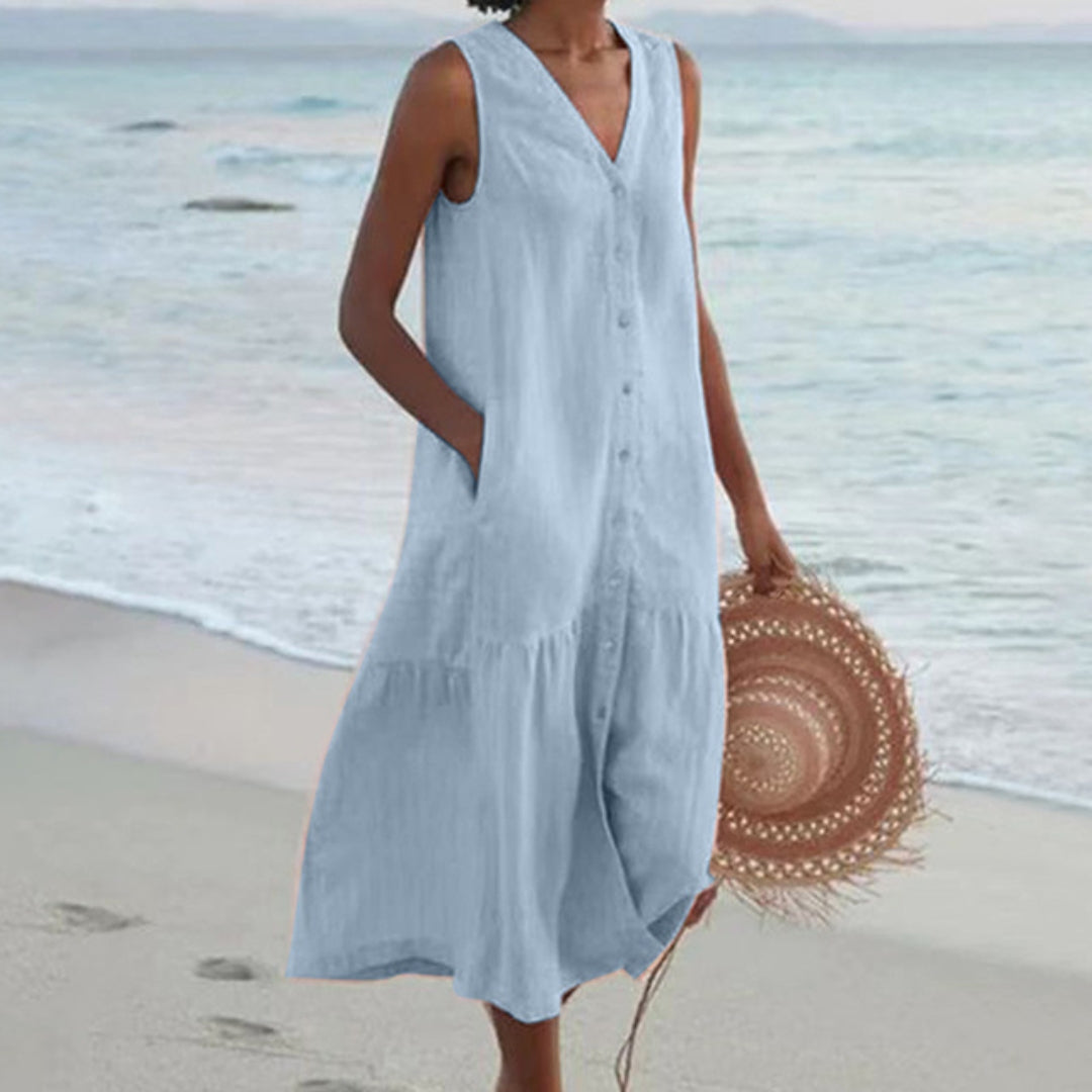 Image of Rita | Women's Sleeveless Button-Down Midi Dress